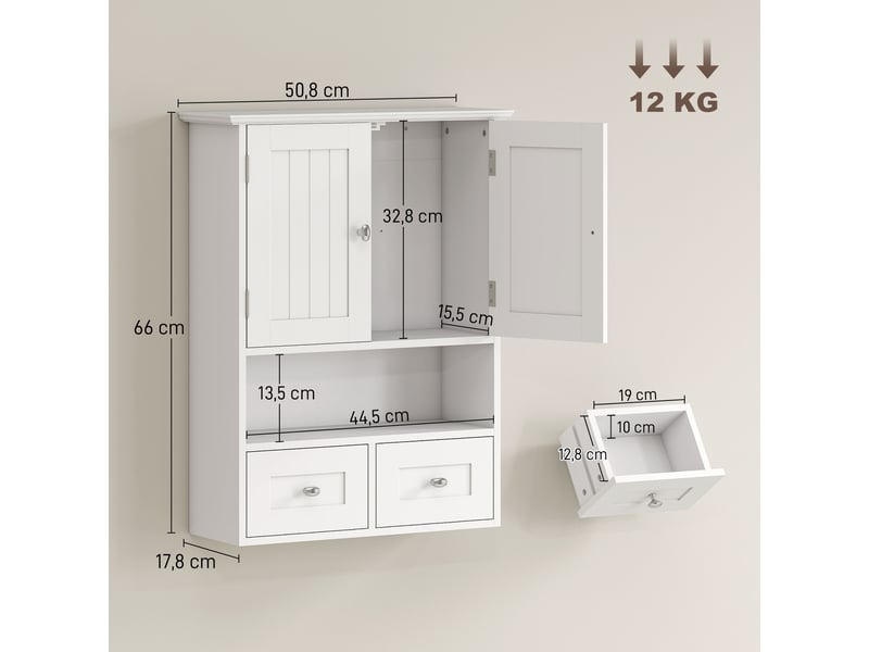  Armoire murale de salle de bain 2 portes 2 tiroirs mdf blanc 50,8 x 17,8 x 66 cm  - Conforama C