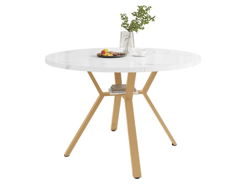  Ensemble table ronde et 4 chaises, plateau en mdf effet marbre blanc, piètement doré et sièges ergonomiques en velours vert  - Conforama W