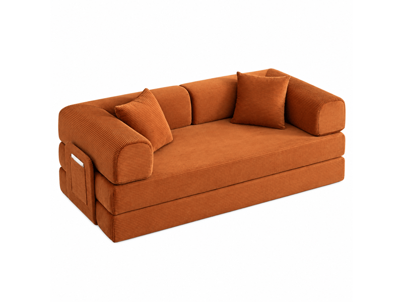 Canapé-lit convertible 2 places canapé modulable canapé au sol canapé compressé en velours côtelé avec poches, terracotta - Conforama A