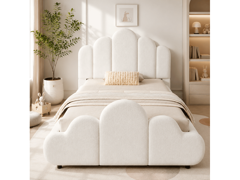  Lit enfant 90 × 200 cm 1 place avec tête de lit rembourrée et coins arrondis, sans matelas, en bouclette beige  - Conforama C