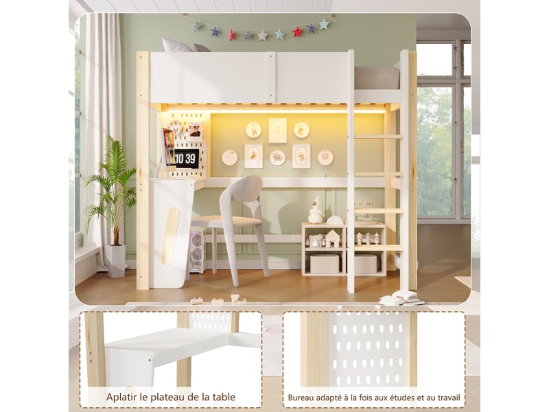 Lit mezzanine avec éclairage led, 90x200cm, avec bureau, panneau perforé, lit structure en pin, blanc - Conforama D