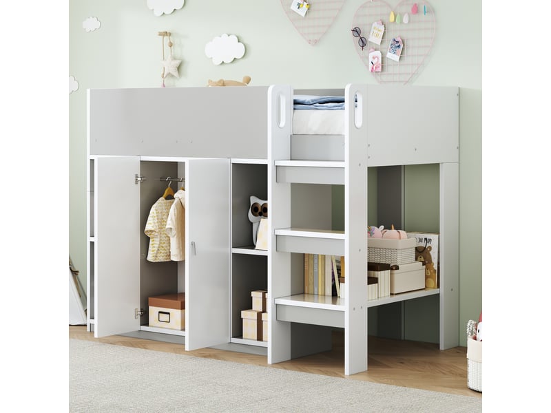  Lit mezzanine 90x200 cm avec rangement, armoire et étagères, échelle sécurisée, pin, gris, sans matelas  - Conforama W