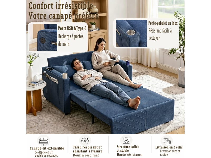  Canapé convertible 2 places 3 en 1 avec système coulissant et ports usb  - structure en bois, tissu - bleu marine  - Conforama E