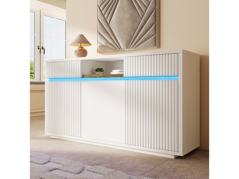 Buffet led 140x40 cm, meuble de rangement avec 3 portes et 2 tiroirs, étagères réglables, commode moderne en mdf - blanc - Conforama B