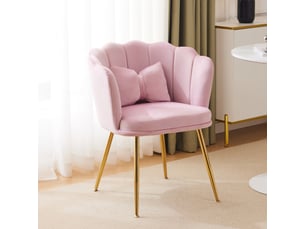 Fauteuil moderne en velours, dossier pétale, pieds métal doré et coussin papillon