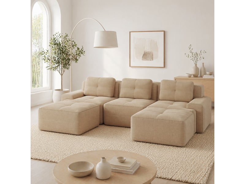 Canapé modulable en u 3 places avec ottoman, assise profonde et base antidérapante en velours côtelé beige - Conforama D