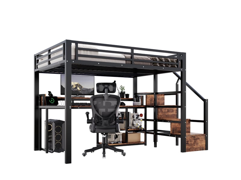  Lit mezzanine 2 personnes 140x200cm avec escalier rangement, prises usbtype-c, étagère et led, métal noir evarich - Conforama A