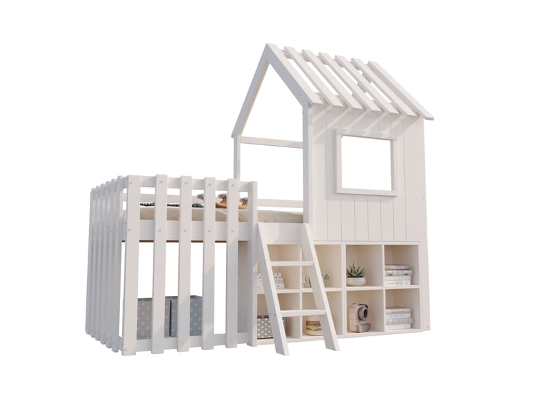 Lit mezzanine enfant 90x200 cm – blanc – cabane avec rangements mobiles, échelle et fenêtres - sans matelas - Conforama A