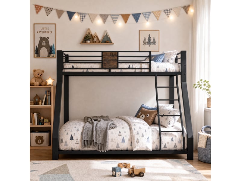 Lit superposé en métal noir, couchages 90x200 et 140x200 cm, échelle réversible - Conforama E