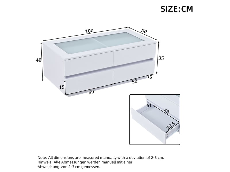  Table basse 100x50x40 cm en panneaux de particules et verre trempé avec 4 tiroirs et éclairage led blanc chicfurn  - Conforama D