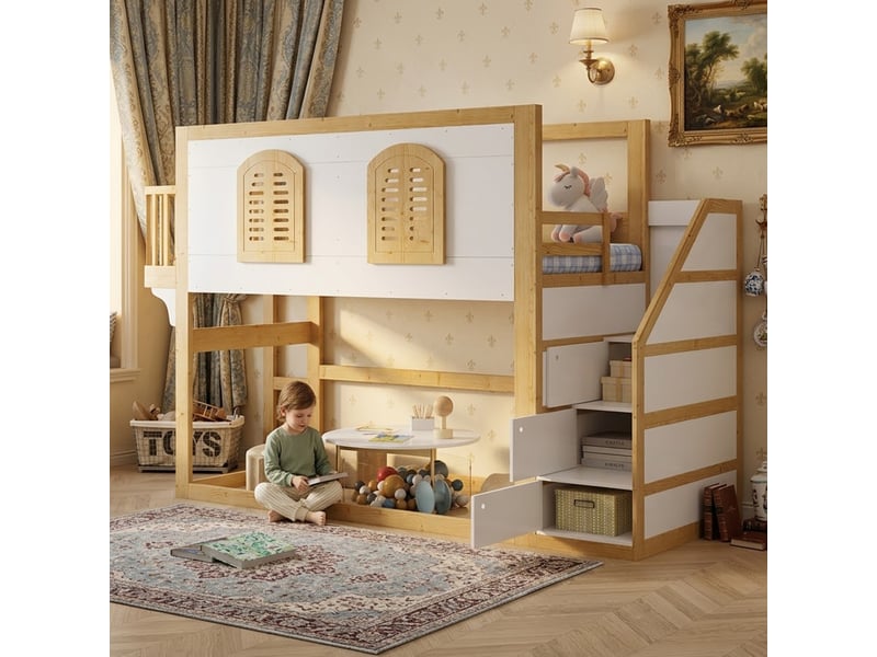  Lit mezzanine enfant 90x200 cm avec escalier de rangement et espace de jeu, bois et mdf, blanc et naturel sans matelas  - Conforama B