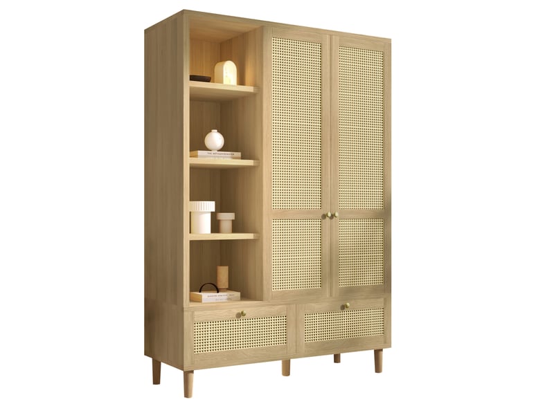 Armoire tcqpz 180 x 120 x 50 cm avec portes à motif rotin, étagères ouvertes, penderie et 2 tiroirs, style maison de campagne, bois clair - Conforama A