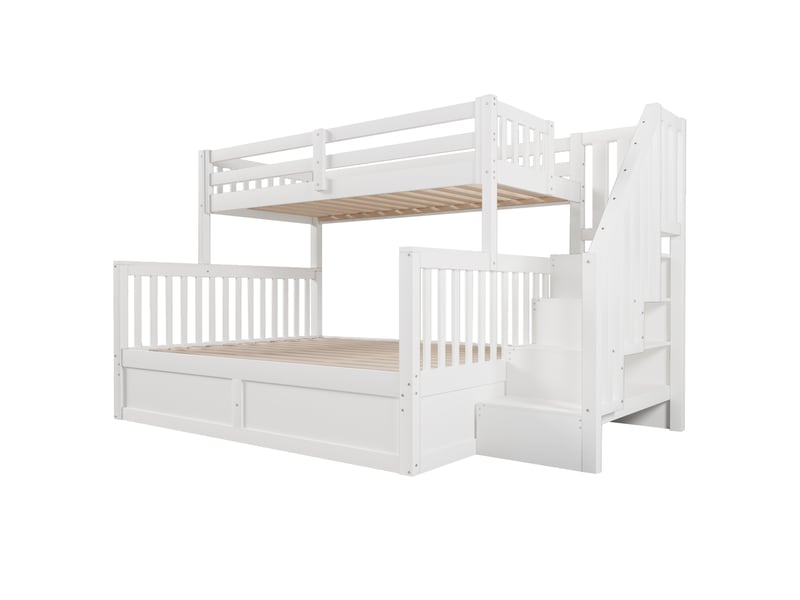  Lit superposé blanc 90/140x200 cm, rangement hydraulique et escalier-rangement  - Conforama E