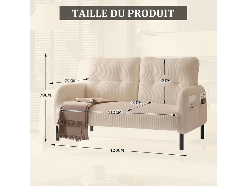  Canapé droit fixe 2 places en velours côtelé beige avec poche latérale, confort pour salon et bureau  - Conforama C