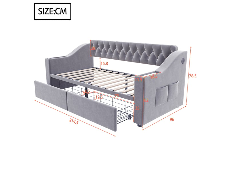  Lit jeune 90x190 cm, coloris gris clair, tissu velours, tiroirs de rangement et accoudoirs compartimentés  - Conforama C
