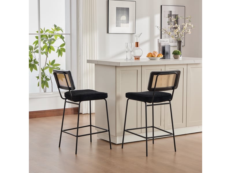  Lot de 2 chaises de bar tabouret de bar noir avec assise en tissu chenille et dossier aspect rotin pour cuisine 96.5cm  - Conforama B