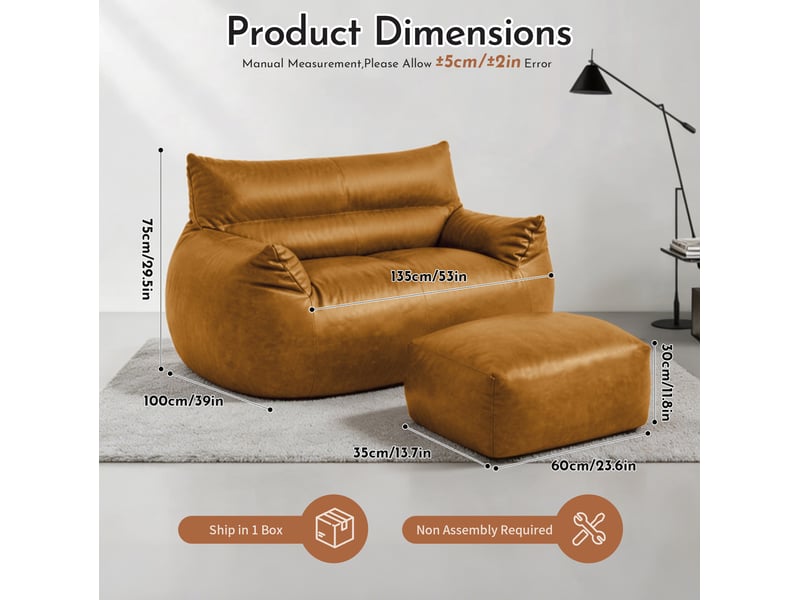  Fauteuil pouf marron avec repose-pieds, tissu technique aspect simili cuir, mousse à mémoire de forme  - Conforama C
