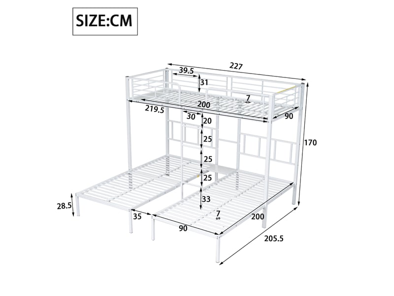 Lit superposé triple 90x200 cm avec tablette, échelle et garde-corps de sécurité, structure métal, blanc, sans matelas - Conforama C