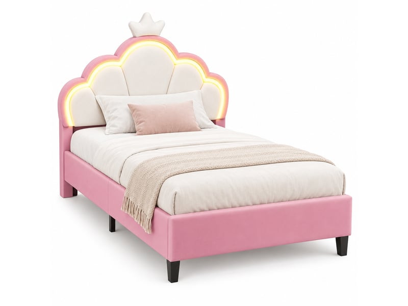  Lit enfant fille 90x200 cm en velours, lit simple rembourré avec led, lit princesse avec tête de lit réglable, décoration couronne et sommier à lattes, design rembourré moderne, rose  - Conforama A