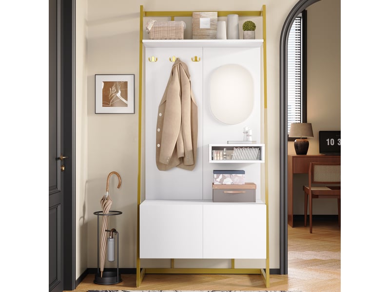  Meuble d'entrée en panneaux avec miroir, crochets, 2 portes et rangement chaussures, blanc, 78 × 38,5 × 180,5 cm  - Conforama B