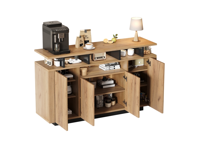  Buffet 4 portes avec 3 compartiments ouverts, naturel, 140 x 40 x 85 cm  - Conforama A
