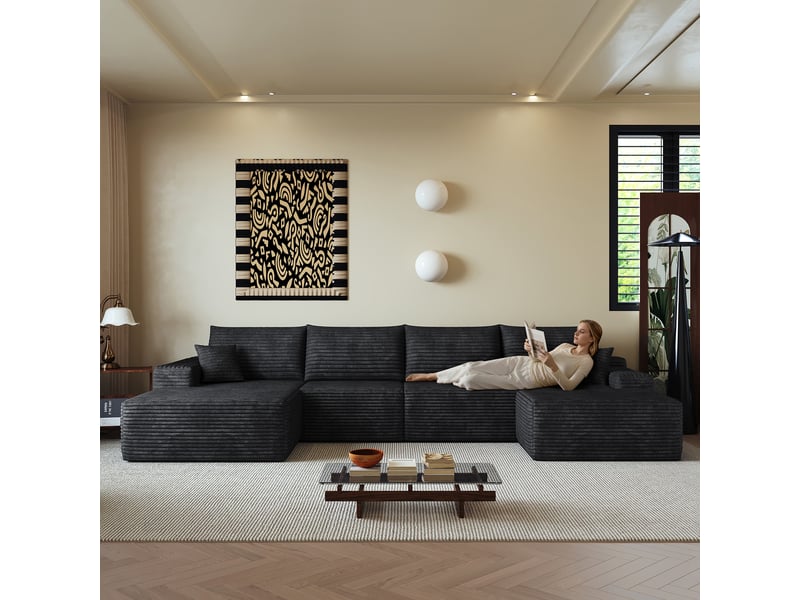  Canapé modulable noir en l avec méridienne, assise profonde, sans montage pour salon  - Conforama D