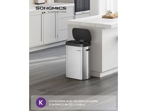 Poubelle de cuisine automatique 50 l, avec capteur de mouvement, ouverture automatique ou tactile, fermeture douce, acier, 15 sacs poubelle inclus, argent métallique et noir d'encre