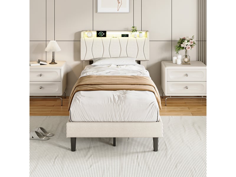  Lit simple capitonné 90x200cm avec cadre de lit à lattes et lumière led, tête de lit, beige  - Conforama D