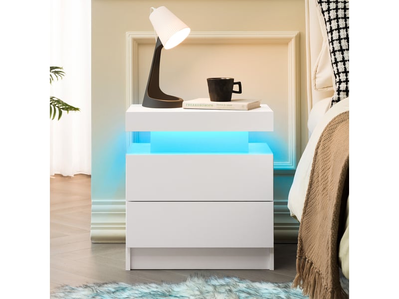  Table de chevet led blanche, 2 tiroirs, design moderne  - Conforama B