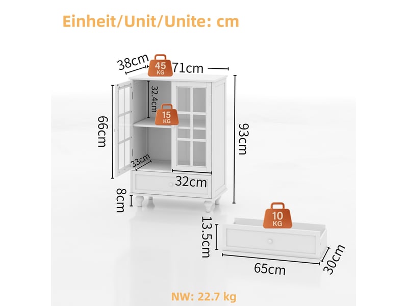 Buffet haut 2 portes vitrées avec tiroir 71x38x93 cm mdf blanc - Conforama C