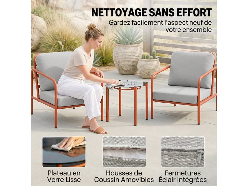  Salon de jardin 3 pièces 2 fauteuils et table basse rouge bordeaux et gris clair  - Conforama E