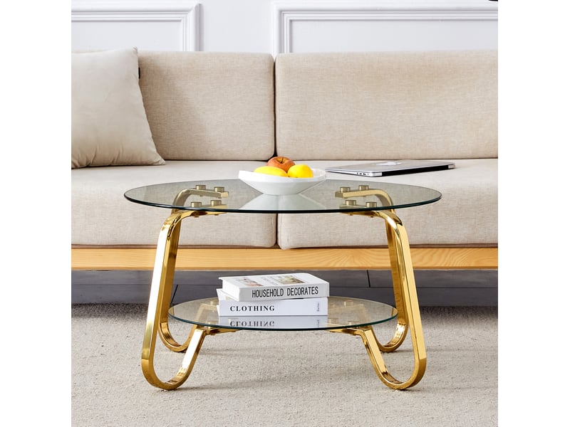  Table basse ronde double niveau – structure en métal doré et verre trempé – ø 80 x h 45 cm  - Conforama C