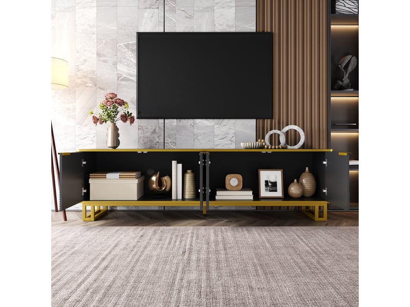  Meuble tv 160 cm noir et or, meuble tv 4 portes avec design géométrique, meuble tv bas salon en mdf  - Conforama B