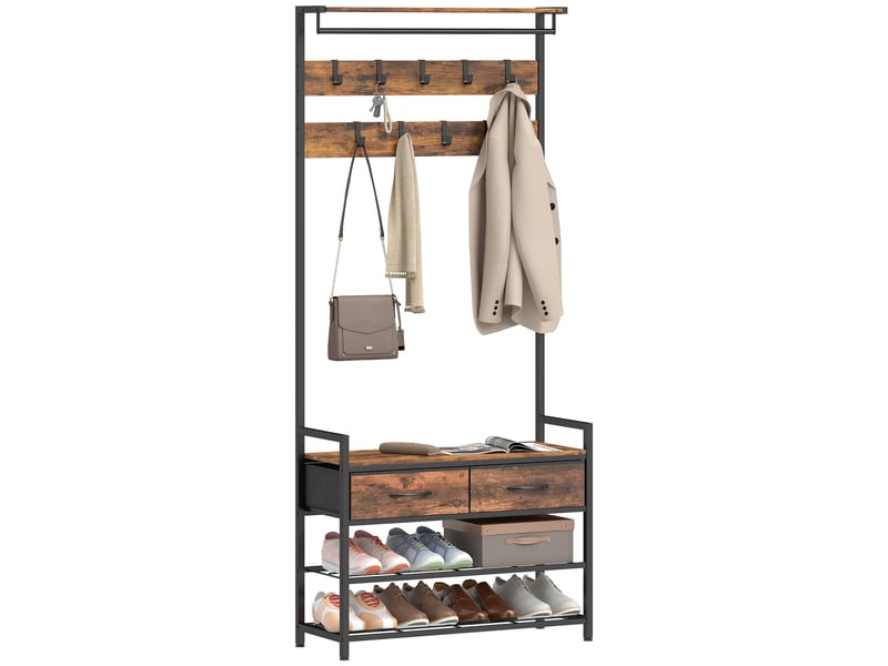Portant à vêtements avec crochets, banc à chaussures, organisateur d'entrée de style industriel, structure en acier, marron rustique - Conforama B
