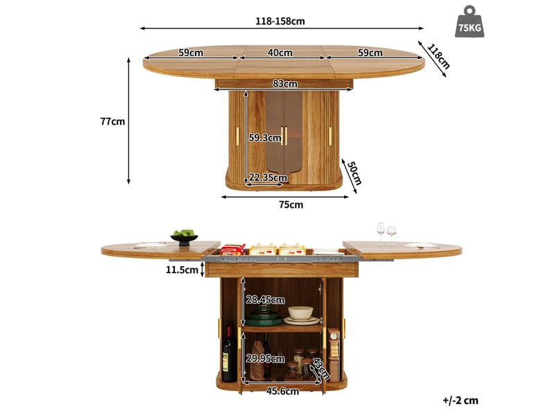  Table de salle à manger extensible pour 6 personnes avec rangement et portes vitrées en mdf noyer 118 × 118 × 77 cm  - Conforama C