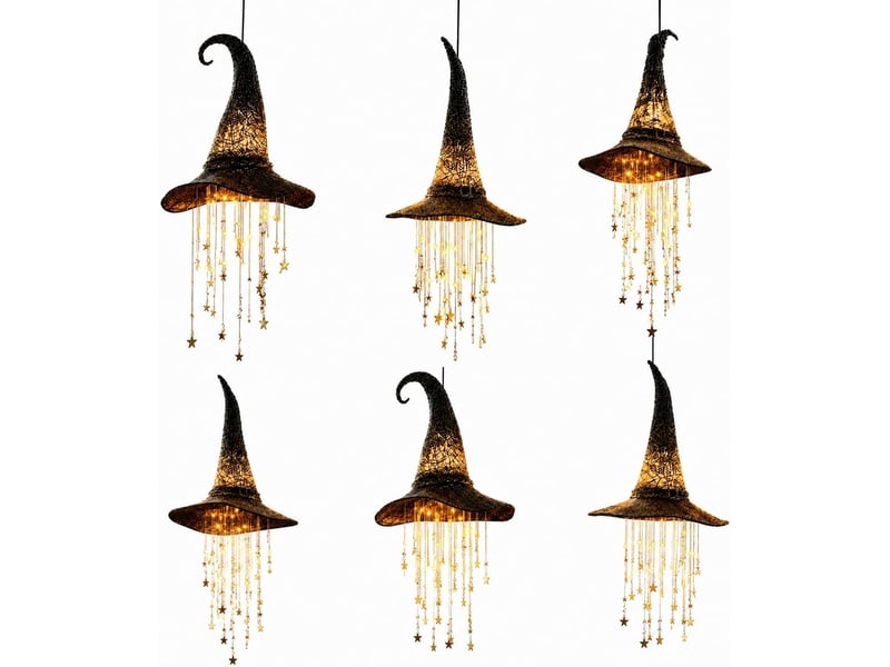  Lot de 6 décoration halloween suspendue, chapeau de sorcière lumineux led avec carillon à vent et étoiles pour porche, terrasse et entrée  - Conforama A