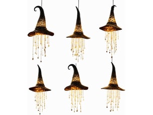 Lot de 6 décoration halloween suspendue, chapeau de sorcière lumineux led avec carillon à vent et étoiles pour porche, terrasse et entrée