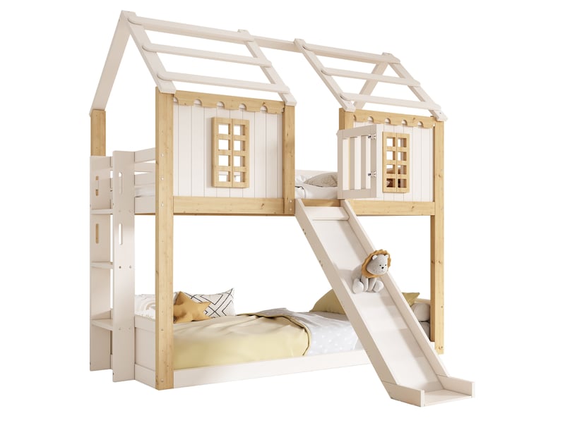 Lit superposé 90 × 200 cm 2 places avec toboggan, échelle modulable et barrières 360°, sans matelas, bois blanc et naturel - Conforama A