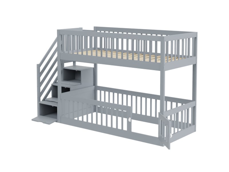  Lit superposé 90x200 cm, lit enfant avec escalier de sécurité et tiroirs, lit simple avec rangement, sans matelas, en bois, gris  - Conforama E
