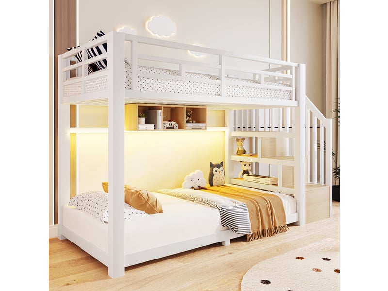  Lit superposé 90x200 cm, lit enfant avec escalier rangement, 3 niches, led via application, garde-corps, métal (sans matelas), blanc CozyNest - Conforama D