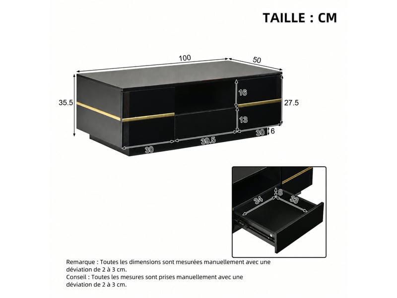  Table basse avec éclairage led, rangement, mdf noir et accents dorés, 100 x 50 x 35,5 cm  - Conforama C