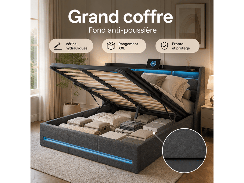 Lit hydraulique 140x190 cm - avec led et usb tpye c - lit coffre avec rangement et tete de lit - sommier à lattes - 2 personnes - lit coffre 140x190 avec sommier - avec led et usb tpye c - rangement hydraulique et tete de lit av… - Conforama C