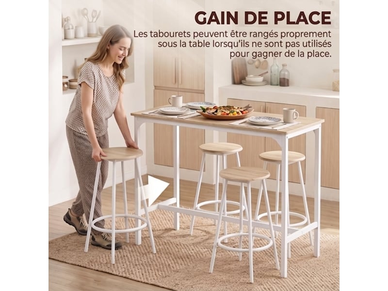  Ensemble table de bar 110x50x89,5 cm et 4 tabourets, style industriel chêne et blanc  - Conforama E