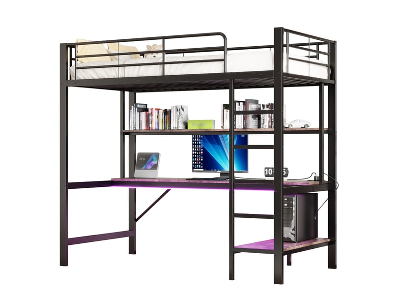  Lit mezzanine 90 x 200 avec bureau, métal noir et mdf, étagères, éclairage led, prise électrique et usb  - Conforama A
