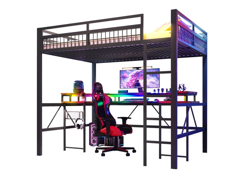  Lit mezzanine 140 x 200 cm sans matelas, structure métal, bureau, led, usb et type-c, prises, panneau perforé, noir  - Conforama A
