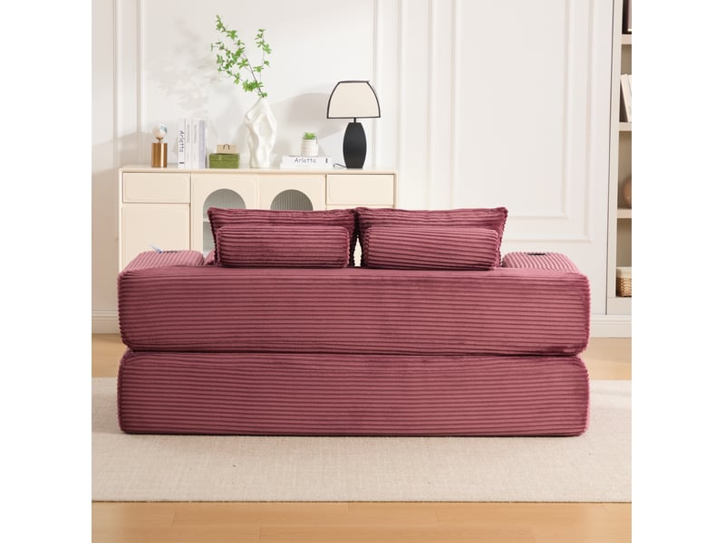 Canapé droit convertible 2 places en velours côtelé rouge bordeaux, poches et porte-gobelet intégrés  - Conforama E