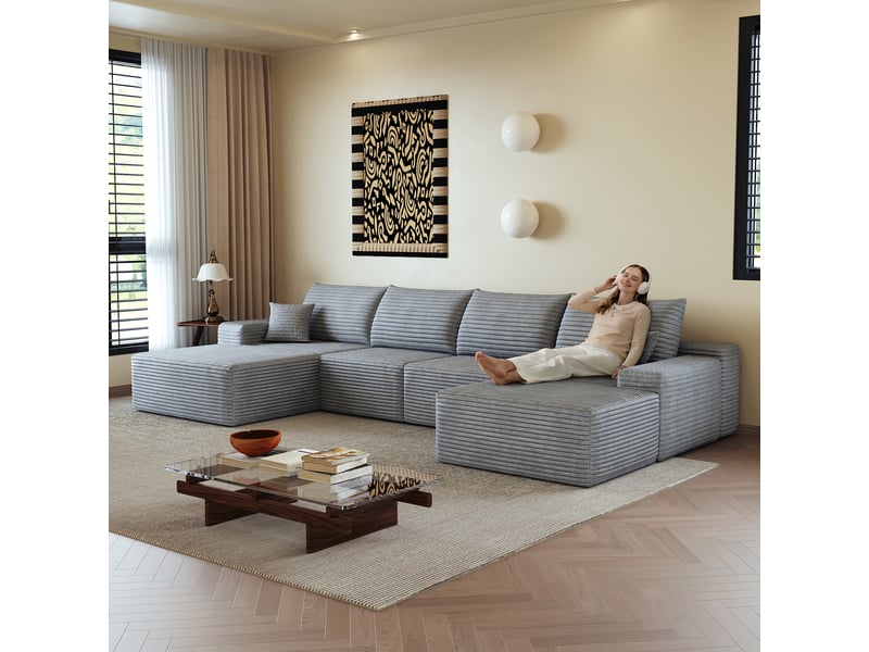 Canapé d'angle modulable gris avec méridienne en l, assise profonde, sans montage, mousse compressée - Conforama R