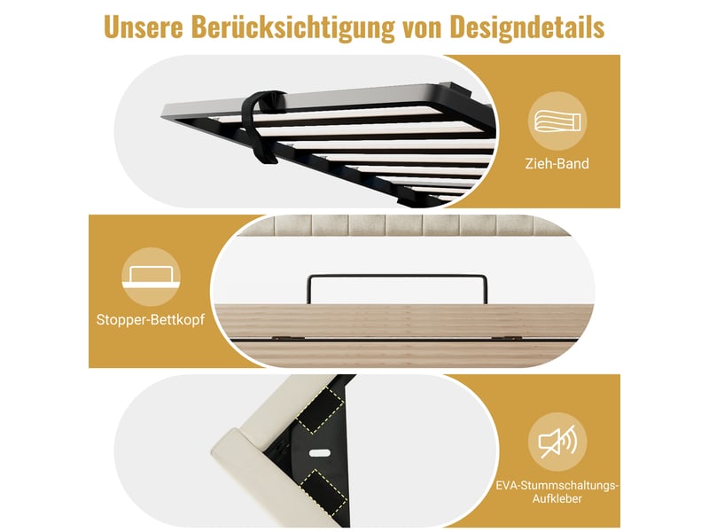  Lit coffre 90x200 beige en lin, tête rembourrée avec led, sommier à lattes et rangement  - Conforama R
