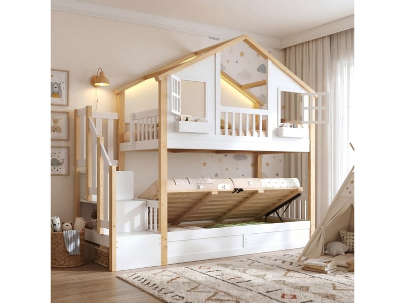  Lit superposé mezzanine bois massif 90x200+90x200 cm maison led escalier rangement fenêtre blanc naturel  - Conforama D