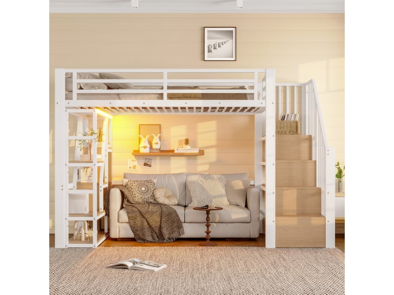  Lit mezzanine enfant 90 x 200 cm marches-rangements sécurité barrière led multicolore métal+mdf blanc sans matelas  - Conforama D
